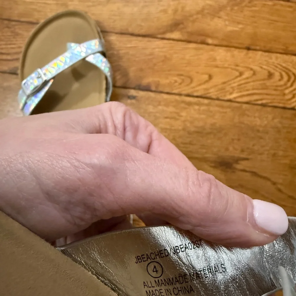 Steve Madden Holographic Double-Buckle Slide Sandals‎ - Iridescent Silver